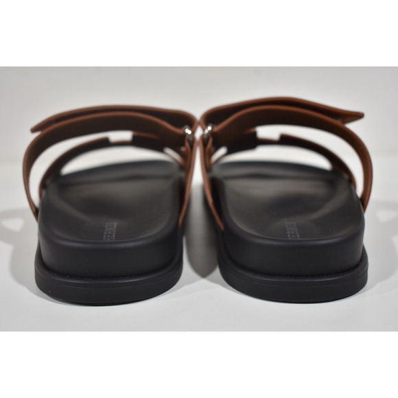 Hermes Chypre Sandal Natural Brown Gold Black H Logo Slide Slip On Flat 37.5 - Picture 11 of 12